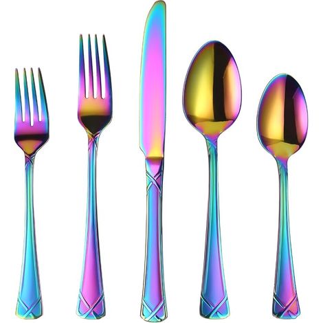 Set d'argenterie arc-en-ciel Ensemble de couverts acier inoxydable couteaux fourchettes cuillères poli miroir (1/5)