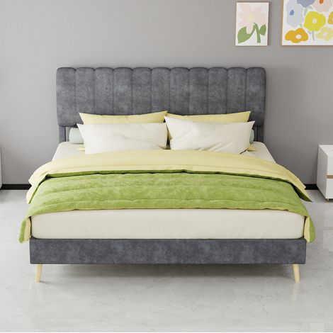 Cama tapizada terciopelo gris 160x200 para dormitorio OKMYHOME (1/5)