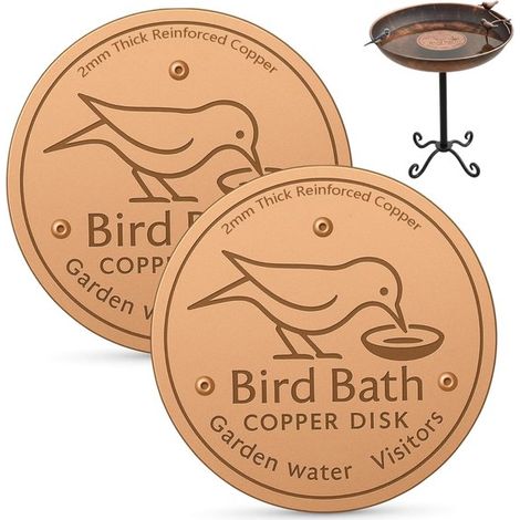 Disque en cuivre pour bains d'oiseaux - Lot de 2 - 10 cm - Nettoyant pour bains d'oiseaux - Décoration en cuivre - Attire les oiseaux - Prévient la formation d'algues - Pour bains d'oiseaux de jardin (1/5)