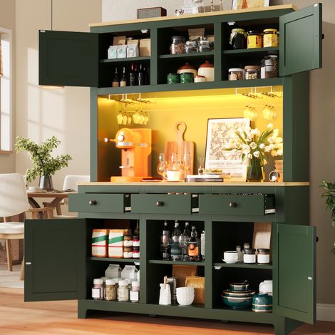 Vaisselier haut 120×40×180 cm vert antique avec portes en rotin, éclairage LED en option et grand rangement (1/5)