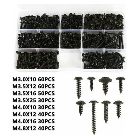 340pcs Vis à tôle noire autoperçante,Vis autotaraudeuse en Acier au Carbone inoxydable Vis à tête plate Kit de Fixation du Bois Cross-Head Taille: M3.0-M4.8