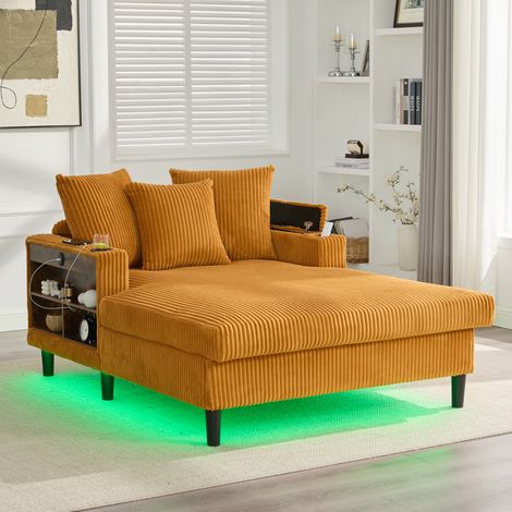 Chaise-longue Corduroy, LED multicolore, porte-gobelets, USB, rangement intégré, 3 coussins lavables, Jaune moutarde (1/5)