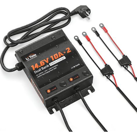Chargeur de Batterie LiFePO4, 14,6 V, 10 A, IP67, étanche, 2 canaux, 12 V AC-DC, avec connecteur Anderson, Affichage LED, Chargeur spécialement conçu pour Batterie au Lithium 12 V