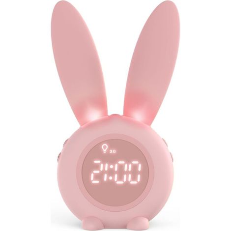 Réveil Matin à Induction en Forme de Lapin Mignon, Intelligent Réglage Automatique Lumière de Respiration, Affichage Temps/Date/Température, Contrôle Vocal ou Tremblement