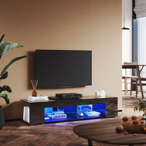 SONNI TV Schrank mit LED Beleuchtung Hochglanz Lowboard Schwarz,Glasböden,ohne Schranktüren,135cm Breit (1/5)
