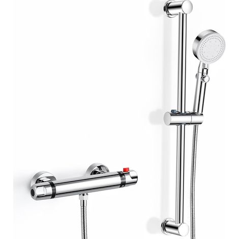 Kit mitigeur de douche thermostatique mural Vanne de douche thermostatique avec kit de rehausseur réglable, verrouillage de sécurité à 38 °C, anti-brûlure, ensemble de douche moderne chromé (1/5)
