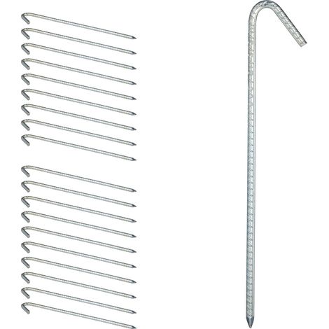 Relaxdays XL Ground Pegs, Set of 20, Extremely Solid Soil Anchors, Tent Accessory, 39 cm, Galvanised Steel, Silver (1/5)