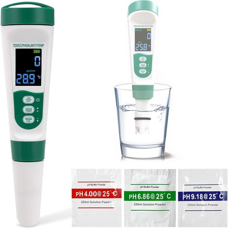 Ph Metre Piscine,5 en 1 PH/TDS/EC/Salinité/Thermomètre,Testeur Ph Piscine Electronique avec Écran LED,Compensation Automatique de la Température,Pour Eau Potable, Aquariums, Piscine (1/5)