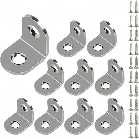 Lot de 10 équerres d'angle droites en acier inoxydable, 20 mm x 20 mm, en forme de L, avec vis, pour fixation de meubles en bois (1/5)