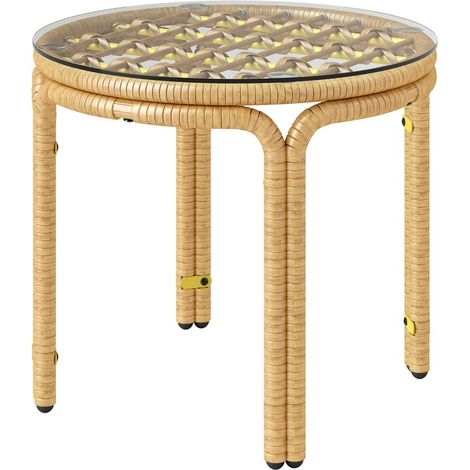 Table D'appoint Ronde En Rotin Pe Jaune 50 Cm Avec Plateau Verre Trempé Et Structure Acier (1/5)