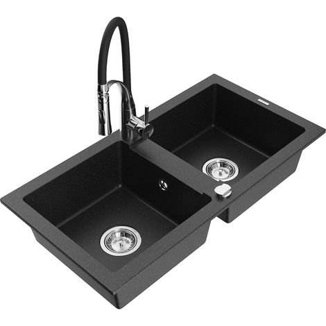 Mexen Mario lavello in granito a 2 vasche con rubinetto da cucina Aster, nero/argento metallizzato - 6504-73-73450-07 (1/5)