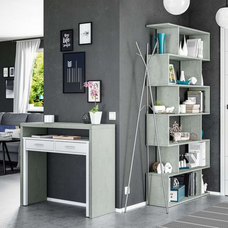 Pack Plutón Escritorio Extensible Y Estantería Moderna Salón O Despacho Color Cemento Y Blanco