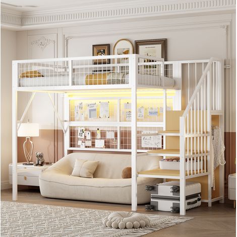 Lit mezzanine 90/200 cm blanc en métal avec escalier de rangement et éclairage à réglage mobile (1/5)