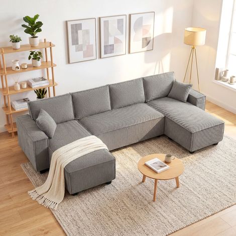Canapé d'angle avec deux méridiennes, canapé en forme de U en velours côtelé avec assise large et profonde, coussins à ressorts, gris clair (1/5)