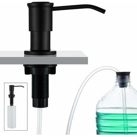 Distributeur de Savon Encastrable, Distributeur Savon Evier Cuisine, Distributeur Savon Integre avec Bouteille 500ML et Ensemble de rallonge de 1,0 m, Recharge du Haut, Noir (1/4)