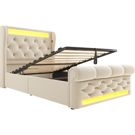 Lit simple 90x200 cm velours beige avec led, coffre hydraulique, ports usb type-c, sans matelas (1/5)