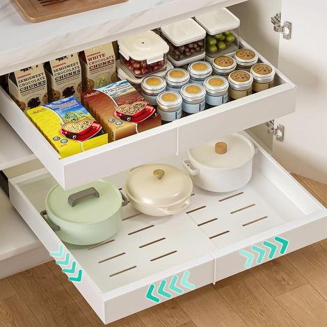 1 StückTeleskopschublade, Ausziehbare Schublade Küche mit Kleber, 32-52cm Verstellbare Breite Küchenschrank Organizer, Kohlenstoffstahl Schubladen für Küche, Speisekammer, Bad, Weiß