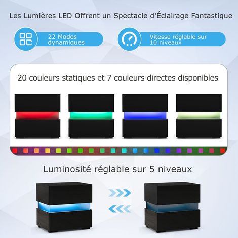 Set de 2 tables de chevet LED haut brillant, meuble de chevet avec 2 tiroirs - noir (1/5)