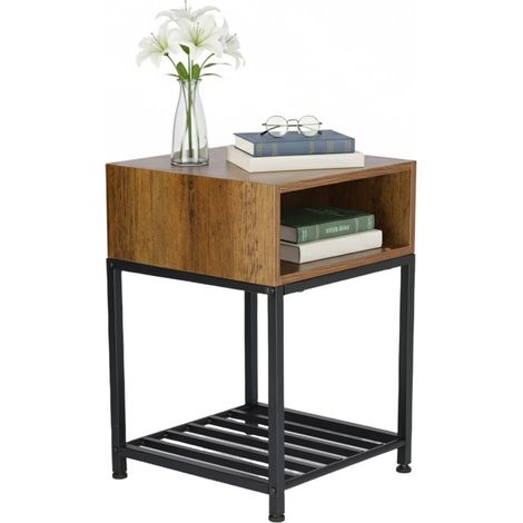 Relaxdays Nachttisch mit Fach & Ablage, HBT: 58x40x40 cm, Industrial, Holzoptik, Metall, Nachtschrank, braun/schwarz