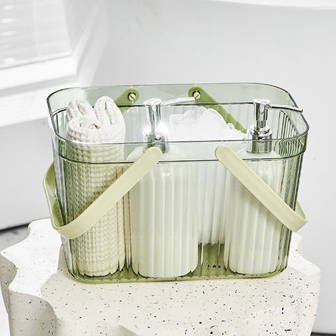 Panier de salle de bain transparent à rayures en PET vert, idéal pour ranger les articles de toilette et les courses. (1/5)