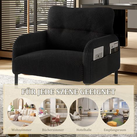 Fauteuil en velours doux, profondeur d'assise confortable, accoudoirs avec poches latérales des deux côtés, structure robuste, idéal pour salon, chambre et bureau. (1/5)
