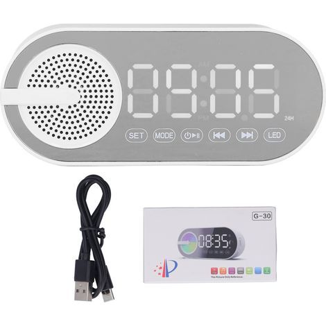 Enceinte Bluetooth 5.0 avec Horloge Numérique, Radio FM, Lumières Colorées et Alarme Rechargeable - Blanc (1/5)