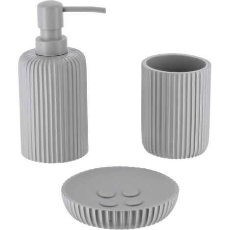 Set gobelet distributeur a savon et porte savon polyresine striee - gris clair - Tendance (1/2)