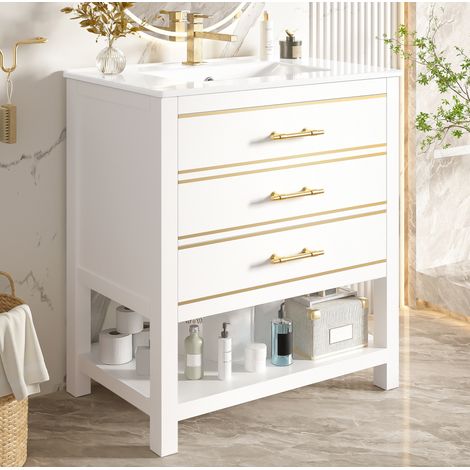 Badmöbel mit Waschtisch 76 cm, 2 Schubladen, weiß und gold HAVRYA (1/5)