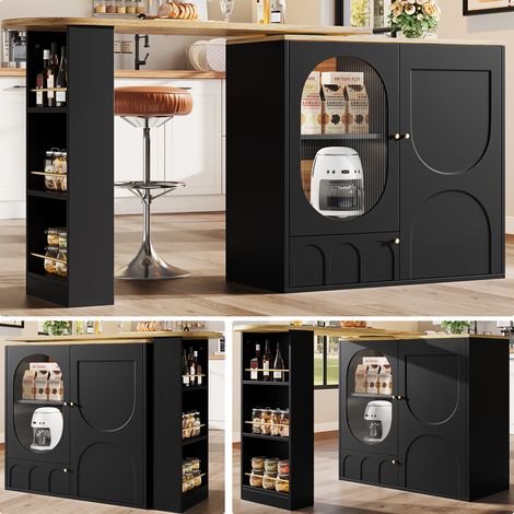 Table de bar pivotante 360° / îlot de cuisine avec grand espace de rangement, 3 portes avec étagères intérieures,Noir (1/5)
