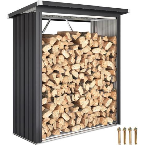 Abri à bois, structure en acier, plancher surélevé, toit en pente, 150 x 66,5 x 150 cm, gris foncé fini anti-rouille pour une durabilité accrue