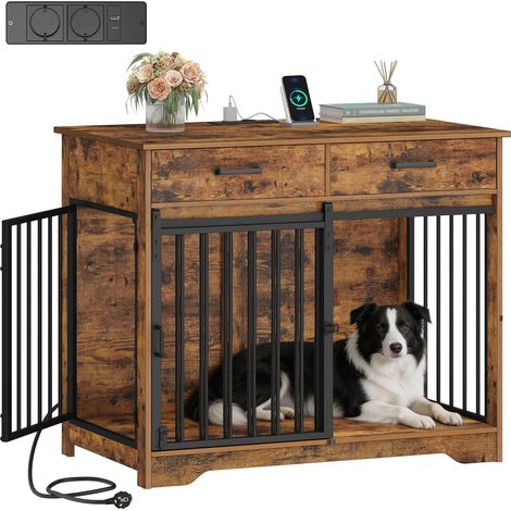 Cage pour Chien Meuble avec Prise, Cage Chien d'intérieur avec Porte Style Grange & 2 Tiroirs, Table d'appoint pour Moyens/Grands Chiens,Marron Rustique
