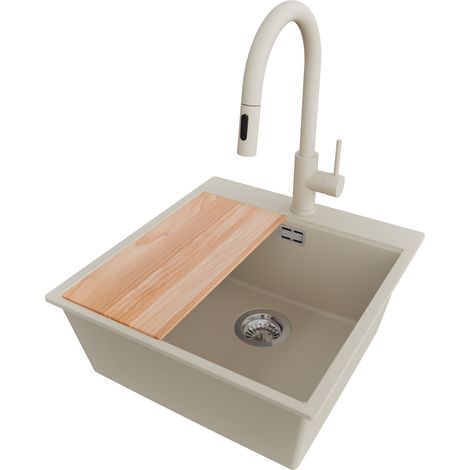 PRIMAGRAN Evier Cuisine en Granit 48x50cm,Lavabo 1 bac + Robinet 40x20cm + Kit de Vidage + Planche à Découper, Évier à Encastrer au meuble 50cm - Oslo, Beige (1/5)