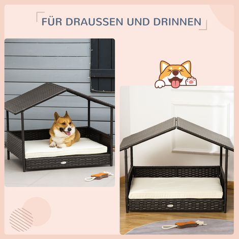 Couche surélevée pour chien en rotin avec toit, lit de jardin pour petit et moyen chien, rafraîchissant, armature métallique et coussin extérieur, 69x98x70 cm, marron café. (1/4)