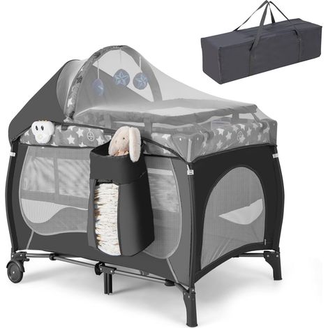COSTWAY 5 in 1 Lettino da Campeggio Pieghevole, Culla Neonato da Viaggio con Fasciatoio Materasso e Zanzariera, Box Bambini Portatile con Borsa, dalla Nascita fino a 15 kg (Stella Grigia)