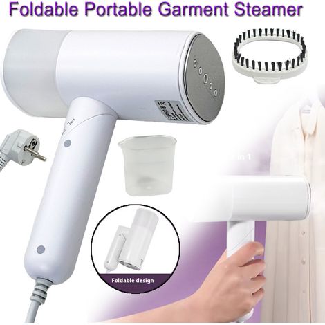 Défroisseur vapeur portable 150 ml, étanche et détachable, protection contre la surchauffe. Comprend un gobelet doseur et une brosse pour un défroissage rapide. Indispensable en voyage d'affaires.