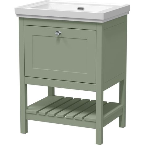 Balterley Coppenhall Traditional Bathroom 1 Soft Close Drawer Floor Standing Vanity Unit Basin, Fern Green, 630mm (1/4)