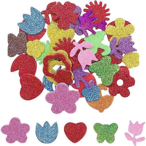 80 pegatinas de goma eva con purpurina: estrellas y corazones, ideales para manualidades.