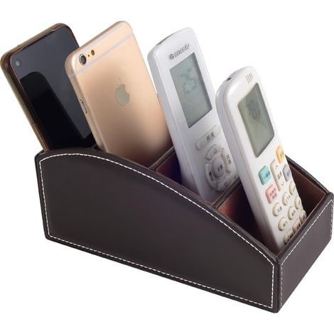 Support de télécommande TV avec 4 compartiments, en cuir synthétique, décoration de table de chevet, boîte à lunettes, pinceau de maquillage, stylo, téléphone portable (Marron) (1/5)