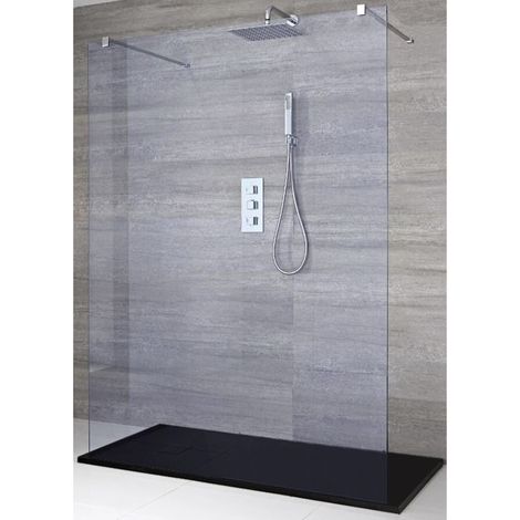 Milano Portland-Luna Chrome Floating Walk In Frameless Wet Room Shower Enclosure with Smoked Glass Screen Support Arms and Graphite Slate Effect Tray - 1400mm x 800mm (1/5)