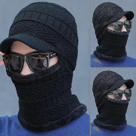 Tour de cou tricoté chaud pour homme, écharpe cagoule, bonnet, masque de ski, chapeau-Black