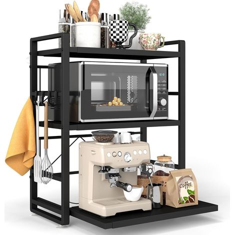 Étagère de cuisine à 3 niveaux - Réglable en hauteur et extensible avec tiroir - En acier au carbone - Avec crochets et ventouses de renfort - Étagère de boulangerie (noir) (1/5)