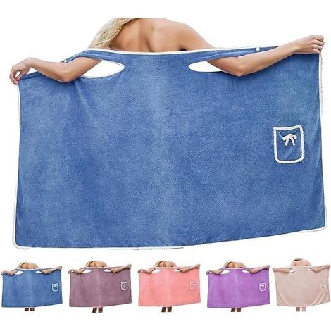 Robe de bain femme en éponge absorbante à séchage rapide, fermeture réglable double bouton, grande taille, bleu. (1/5)