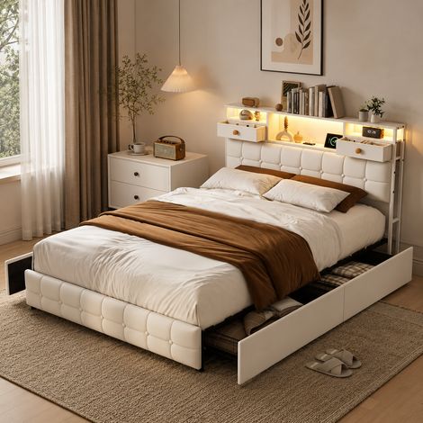 Lit coffre 140×200 cm avec lumière LED, lit coffre avec ports USB et Type-C, lit double avec quatre tiroirs, rangement dans la tête de lit, Sommier à lattes, lit adulte, lit ados, Velours, Beige