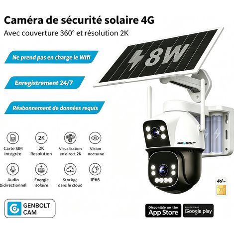GENBOLT 3G/4G LTE 2.5K Enregistrement 24/7 Caméra Surveillance Solaire Extérieure sans Fil, 8W 15600mAh Double Objectif