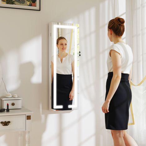 Miroir Bijou Mural avec Lumières LED et Serrure Armoire à Bijoux à Accrocher au Mur ou à la Porte Blanc