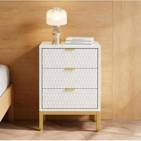 MEUBLIV Mesa de noche blanca de 3 cajones con base de metal dorado 50x40x65,5 cm (1/5)