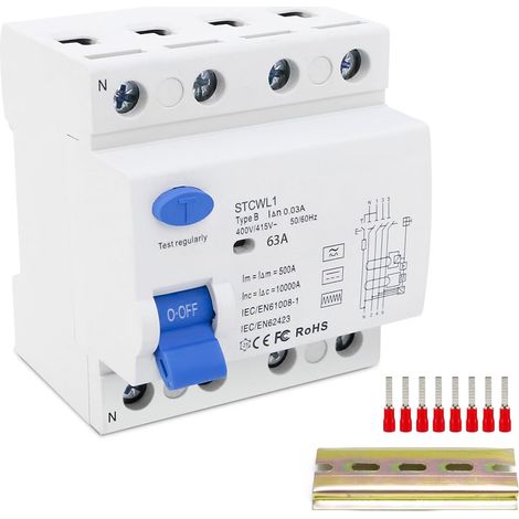 Disjoncteur Différentiel Type B, Interrupteur Différentiel 63A 3P+N+ DC 6mA Disjoncteur Différentiel Triphasé, 400V 63A 30mA Disjoncteur de Courant (1/5)