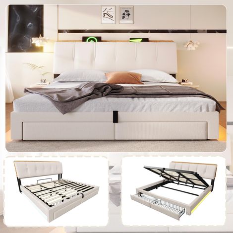 Lit capitonné, 180x200cm, suspension hydraulique, avec port USB Type-C, sans matelas, rangement multifonctionnel, éclairage LED, commande par bouton-poussoir/application, lin, beige, garantie 2 ans (1/5)