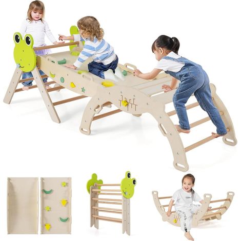 COSTWAY 7 in 1 Set da Arrampicata per Bambini, Giocattoli da Arrampicata in Legno con Rampa Scala e Arco, Gioco del Labirinto, Giochi Montessori per Bambini 1 Anni + (Rana 3 pezzi, Naturale) (1/3)
