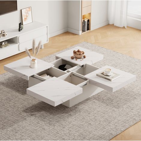 Table basse carrée 90x90x25 cm blanche, 4 tiroirs, effet marbre, panneaux de particules MEUBLIV (1/5)